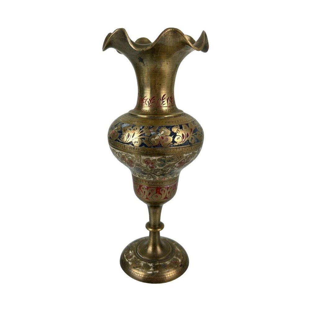 Brass Etched Ruffled Edge Colorized Pedestal Vase Vintage Floral Scroll